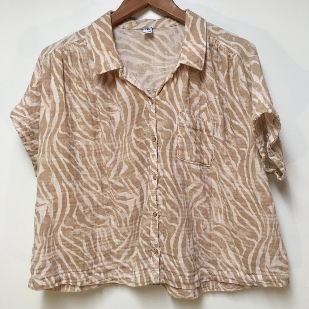 Old Navy Button Down Top Women Large Beige Zebra Print Cotton Gauze Boxy Relaxed